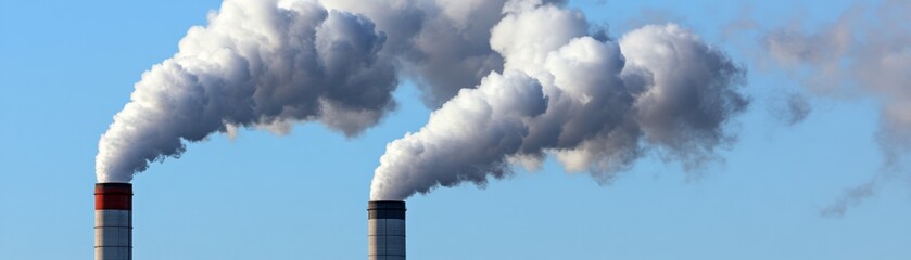 Industrial Smoke Plumes Against Blue Sky, Pollution, Emissions, Air Quality Pollution, Emissions