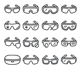 Protective eyewear collection, safety glasses and goggles icons. eye protection set