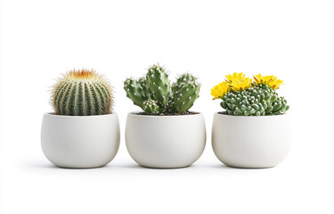 Three Potted Cacti in White Ceramic Planters