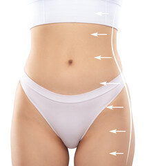 A +size woman in white underwear on a white background. Healthy lifestyle, sport and diet.