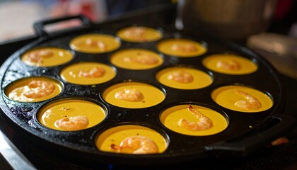 Rolling Savory Mini Pancakes Banh Khọt on Street Grill. Traditional Vietnamese Street Food