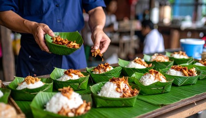 Preparing Sticky Rice with Grilled Chicken Xôi Gà. Traditional Vietnamese Street Food
