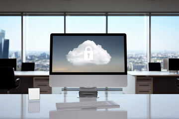 Fototapeta premium Computer screen displaying cloud security symbol in modern office environment