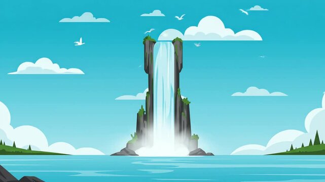 Waterfall scene steep rocky cliffs frame a bright cascading waterfall flowing into a wide body of water under a blue sky
