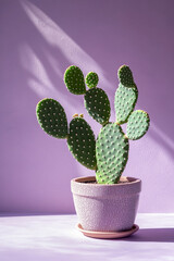 Cactus in Pot with Hard Shadow on Purple Background