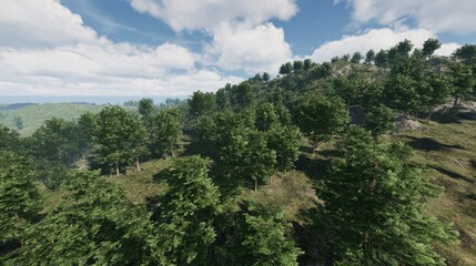 Lush green trees cover a hillside under a partly cloudy sky.