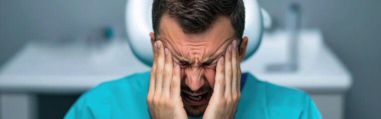 Fototapeta premium Tension and Anxiety: A Young Man in Distress Experiencing Dental Procedures with Visible Signs of Pain and Discomfort in a Clinical Environment
