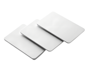 Three blank white cards overlapping each other, isolated on a transparent background
