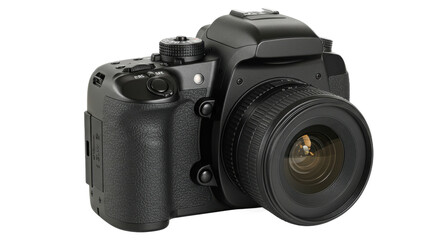Black dslr camera with lens isolated on transparent background