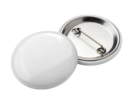A blank white button badge with its metal backing isolated on a transparent background - Powered by Adobe