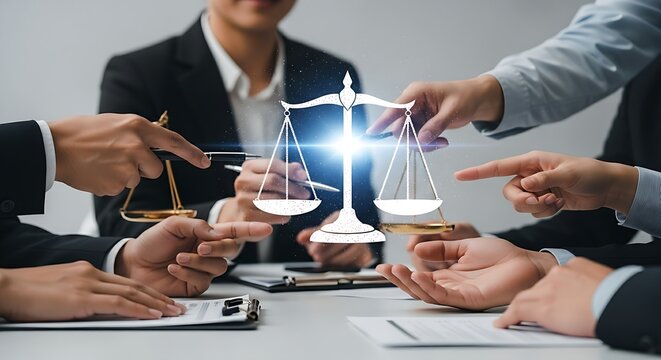 Online Dispute Resolution (ODR) concept. Virtual meeting with a holographic justice scale, symbolizing digital mediation, arbitration, and legal tech.