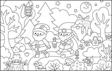 Vector black and white horizontal scene with dwarfs going through night forest with shovel and lantern. Cute gnome country line landscape. Woodland, fantasy forest background, coloring page