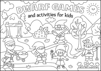 Vector black and white horizontal scene with dwarfs. Forest gnomes line landscape illustration. Cute background, book cover for kids with magic creatures. Funny fairytale scene, coloring page