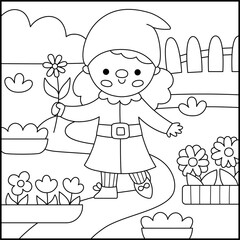 Vector black and white square scene with garden dwarf girl with flower beds. Line landscape with feminine gnome gardener. Woodland, fantasy forest background, coloring page
