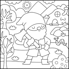 Vector black and white square scene with dwarf with axe, little hill house. Line landscape with gnome miner, worker or lumberjack. Woodland, fantasy forest background, coloring page