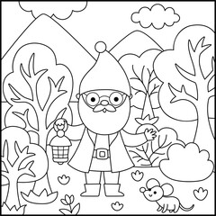 Vector black and white square scene with old dwarf with lantern standing among trees. Line landscape with gnome miner, worker, lumberjack. Woodland, fantasy forest background, coloring page
