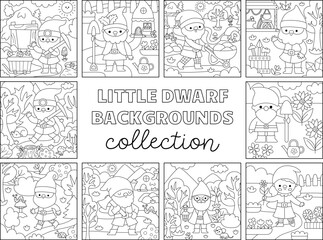 Vector black and white square scenes collection with miner, blacksmith, wise man and girl dwarf. Cute line collection of landscapes with gnomes. Fantasy forest background, coloring page