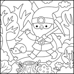 Vector black and white square scene with dwarf going through the forest with pickaxe, waving hand. Line gnome country landscape. Woodland, fantasy forest background, coloring page