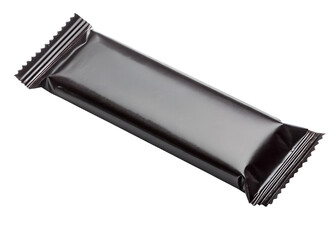 A single dark metallic wrapper for a snack bar isolated on a transparent background