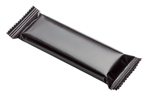 A single dark metallic wrapper for a snack bar isolated on a transparent background
