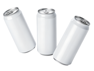 Three blank white aluminum cans tilted at different angles, isolated on white isolated on transparent background