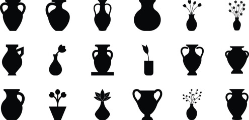 Pottery and vase icon set vector. Vase silhouette set, vase vector collection, diverse vase designs, ancient.
