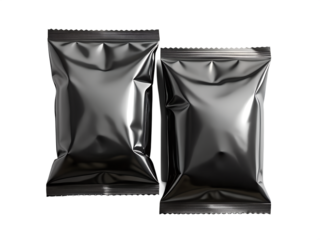 Two shiny black foil snack packaging bags isolated on transparent background