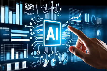 Artificial intelligence interface with data charts and circuits image