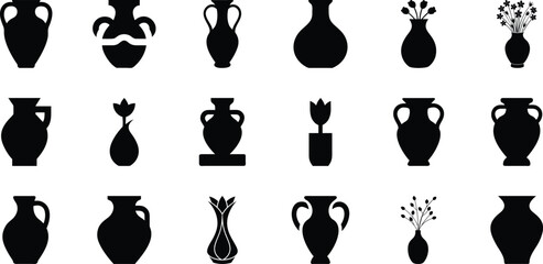 Vase silhouette set, vase vector collection, diverse vase designs, ancient, ceramic, potter, amphora. Antique vases symbols vectors on transparent background.