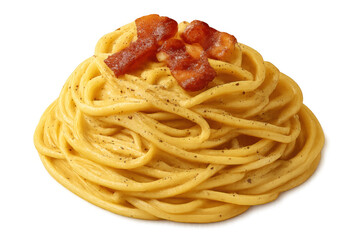 Spaghetti carbonara with crispy bacon, revealing creamy sauce and golden-brown bacon bits against clean white backdrop