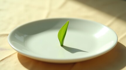Single leaf placed neatly on a white plate, minimal composition with focus on natural form and shape.
