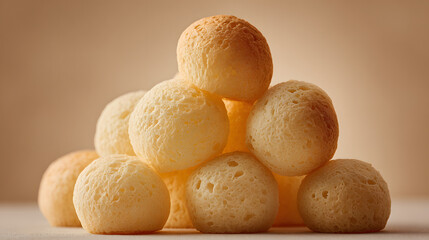 Stack of golden baked puffs forming a pyramid, inviting with their warm hue and textured surface on a soft, neutral background.