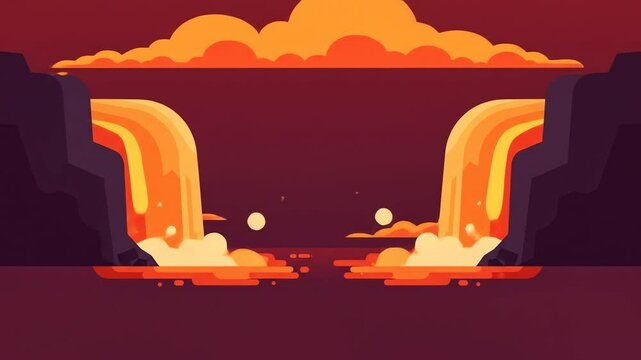 Fiery waterfalls cascade down craggy cliffs
