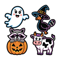 Fototapeta premium Hand drawn illustration with Halloween theme A digital artwork with a bright neon style, depicting four characters. First a boo, second a raccoon, third a swan in a witch's hat,