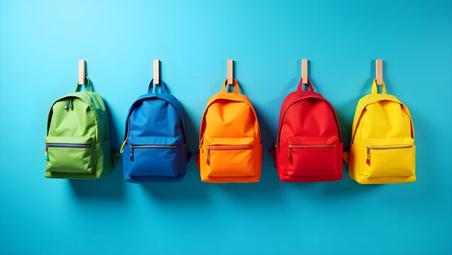 colorful backpacks, assortment of vibrant backpacks in shades of green, blue, orange, red, and yellow, arranged on a blue background, minimalist design, clean - Powered by Adobe