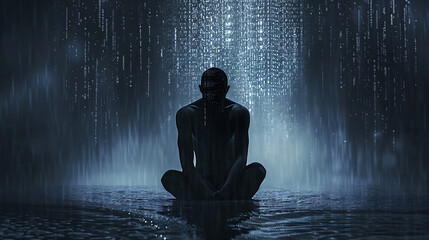 a dark silhouette crying tears made of falling binary code, digital rain forming pools on the floor, symbolizing pain through data