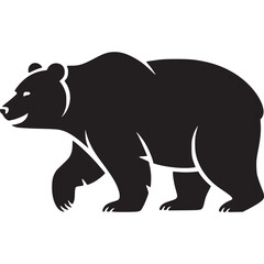 A black bear silhouette walking to the left on a white background in a simple vector illustration on transparent background