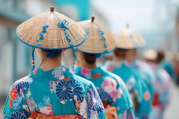 Fototapeta premium Traditional Japanese attire and straw hats at a cultural festival, symbolizing heritage, community, or a memorial observance.