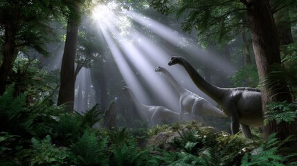Dinosaurs roaming in lush prehistoric forest under sunlit canopy