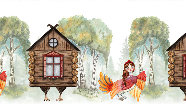 Russian Forest Decorative Seamless Border with Sirin, Baba Yaga hut and birch trees on background. Handpainted Watercolor Inspired by Nature, Slavic Folklore Fairytale