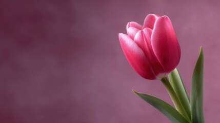 Fototapeta premium Close-up of a single pink tulip bud. the tulip is in full bloom, with its petals spread out in a fan-like shape.