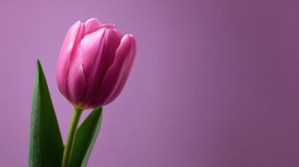 Fototapeta premium Close-up of a single pink tulip bud with its stem and leaves. the tulip is in full bloom and its petals are a soft, velvety pink color.