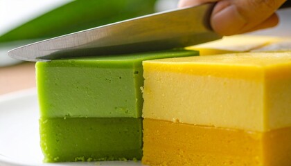 Serving Bánh Da Lợn Vietnamese Layered Steamed Cake. Traditional Vietnamese Dessert