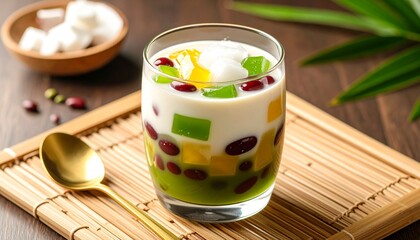 Chè Ba Màu Three-Color Dessert Layers in Glass Cup. Traditional Vietnamese Dessert