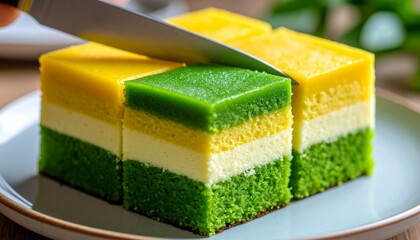 Serving Bánh Da Lợn Vietnamese Layered Steamed Cake. Traditional Vietnamese Dessert