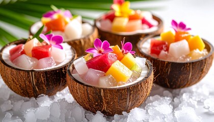 Filling Coconut Jelly Shells with Fruit Cubes. Traditional Vietnamese Dessert
