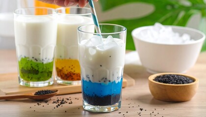 Scooping Rainbow Chè with Coconut Milk and Jelly Strips. Traditional Vietnamese Dessert