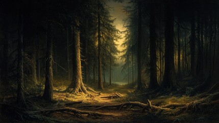 Obraz premium A sunlit path through a dark pine forest