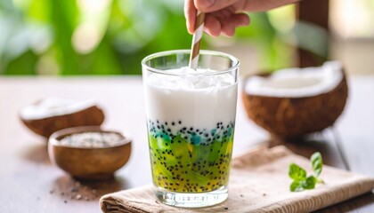 Scooping Rainbow Chè with Coconut Milk and Jelly Strips. Traditional Vietnamese Dessert