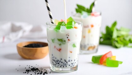 Scooping Rainbow Chè with Coconut Milk and Jelly Strips. Traditional Vietnamese Dessert